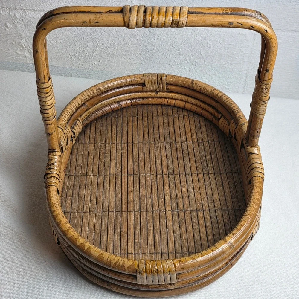 Vintage Bentwood Rattan Oval Basket Tray with Handle Brown Wood Base